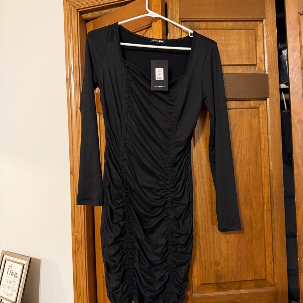 Fashion Nova Black Long Sleeve Ruched Dress